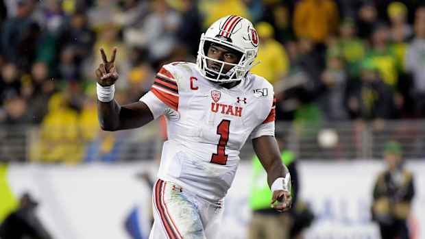 Dec 6, 2019; Santa Clara, CA, USA; Utah Utes quarterback Tyler Huntley (1) reacts during the second half of the Pac-12 Conference championship game against the Oregon Ducks at Levi's Stadium.